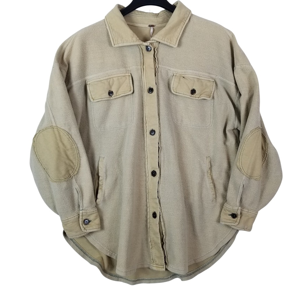 Free People Ruby Jacket Fleece Button Down Shacket Tan OB1468375‎ Womens Medium